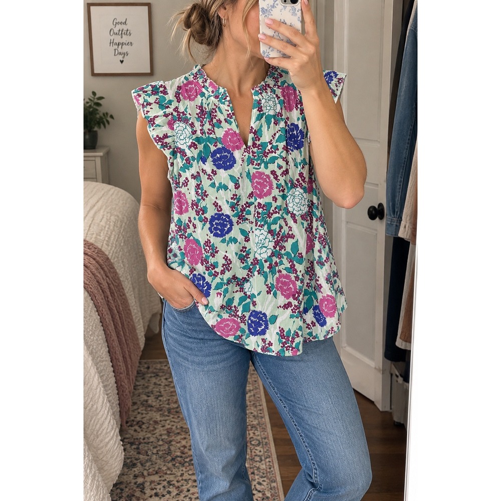 Talbots Floral Popover Blouse XL Multicolor Cotton Ruffle Sleeve NWT Cottagecore